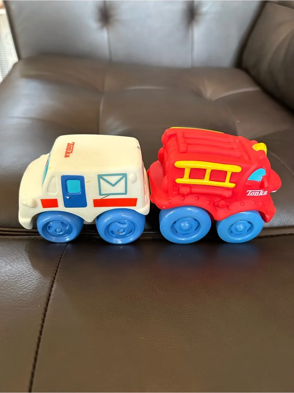 Tonka Red Fire Truck & White Toy Car with Blue Wheels